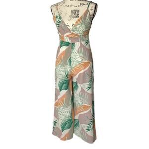 Blue Blush Tropical Print Jumpsuit Sleeveless Spaghetti Straps Cropped Wide Leg